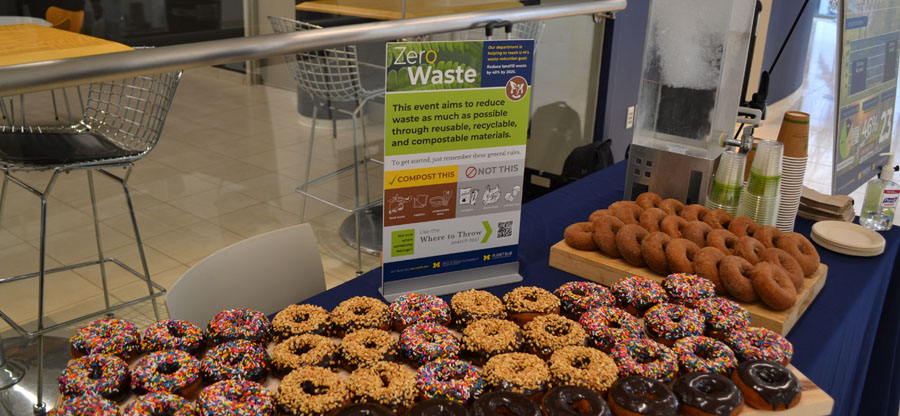 Zero waste set up featuring donuts from MDining and a bulk drink set up.