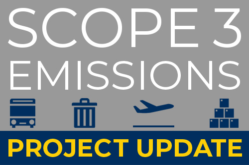 Graphic for Scope 3 Emissions Project update displaying Bus, Trash Can, Air Plane, and Shipping Box icons.